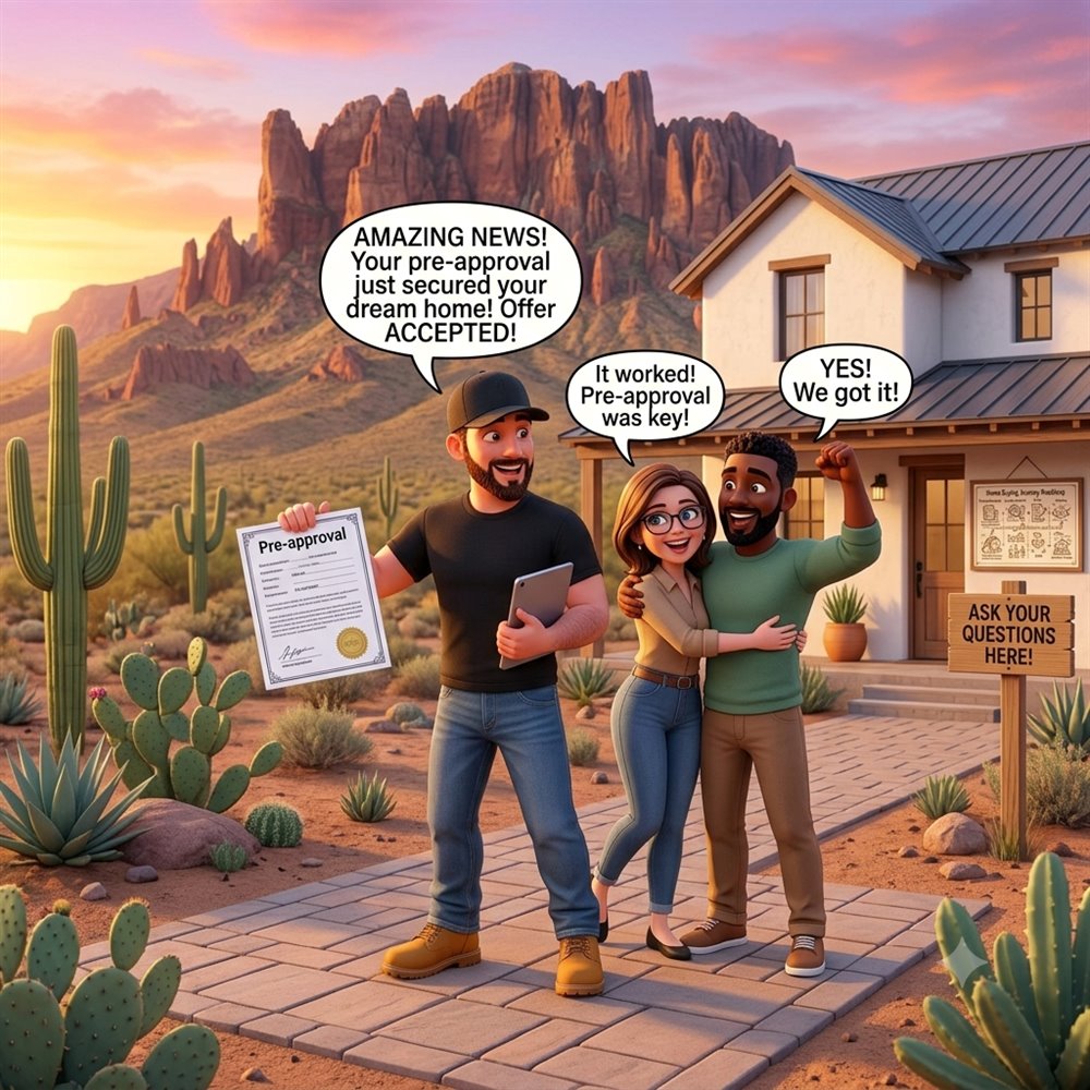 An Arizona mortgage guide holding a pre-approval letter and celebrating with a couple whose offer was just accepted on their dream home, with the Superstition Mountains behind them